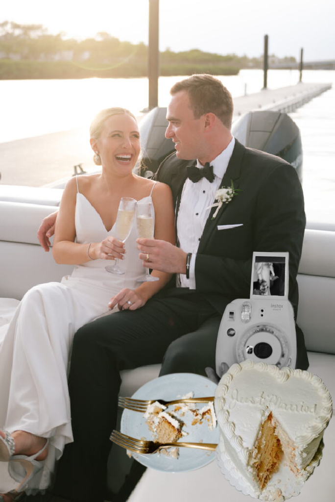 Couple on boat with champaign glasses wedding cake in lower corner